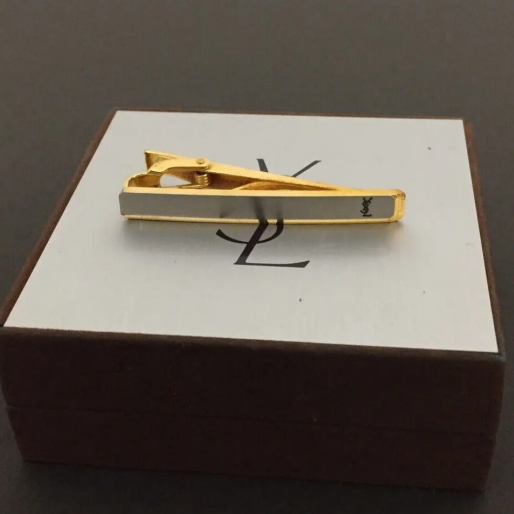 Yves Saint Laurent YSL Logo Gold Tone Tie Pin Tie Clip